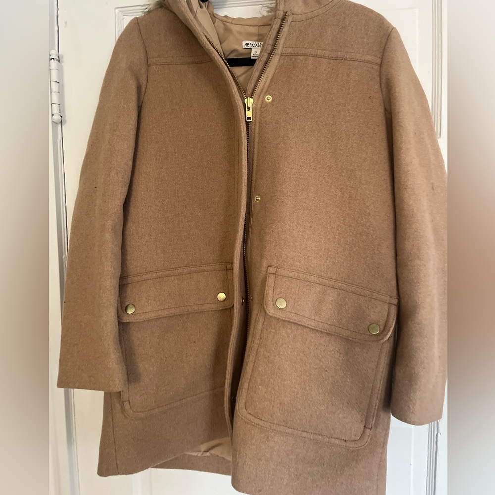 J Crew Mercantile Classic Tan Wool-Blend Coat with Front Pockets and Hood - Picture 4 of 4